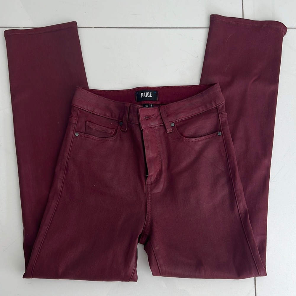 NWOT PAIGE Sz 26 vegan leather cranberry colored pants